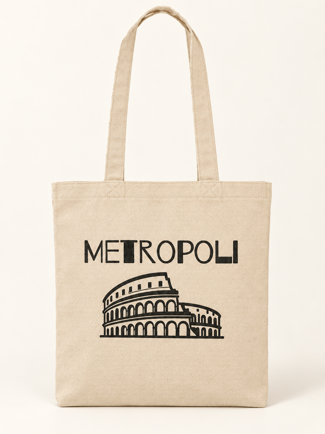 Bag Metropoli in tessuto naturale con scritta e Colosseo neri stampati direttamente sul tessuto, senza riquadro bianco